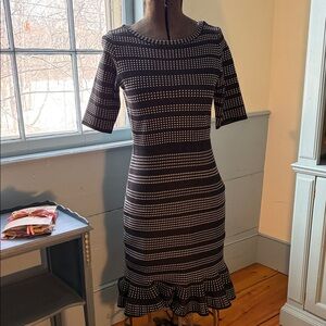 Taylor Black & White Striped Knit Midi Dress with Ruffle Hem